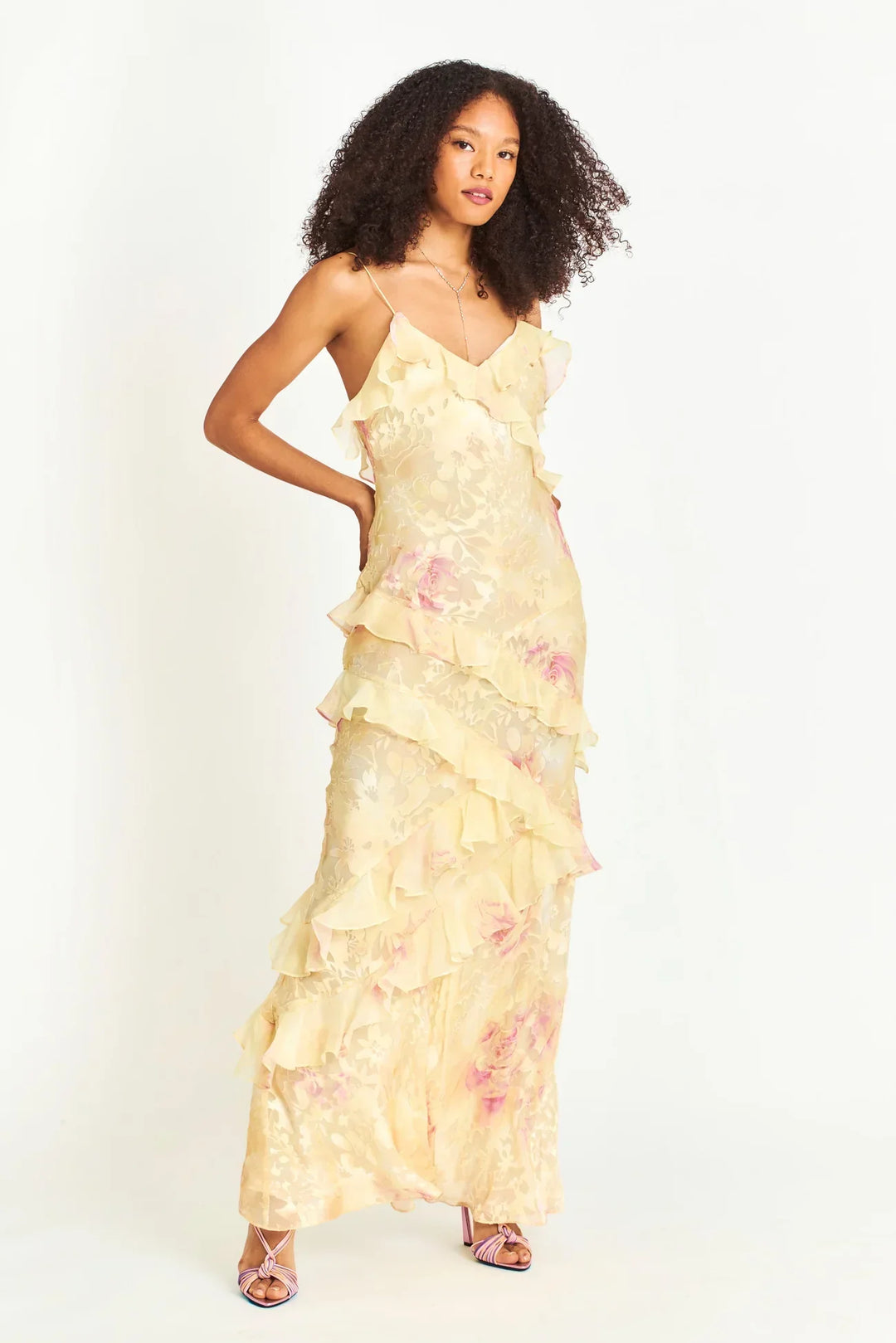 Elara's Ethereal Flow Ruffle Maxi Dress
