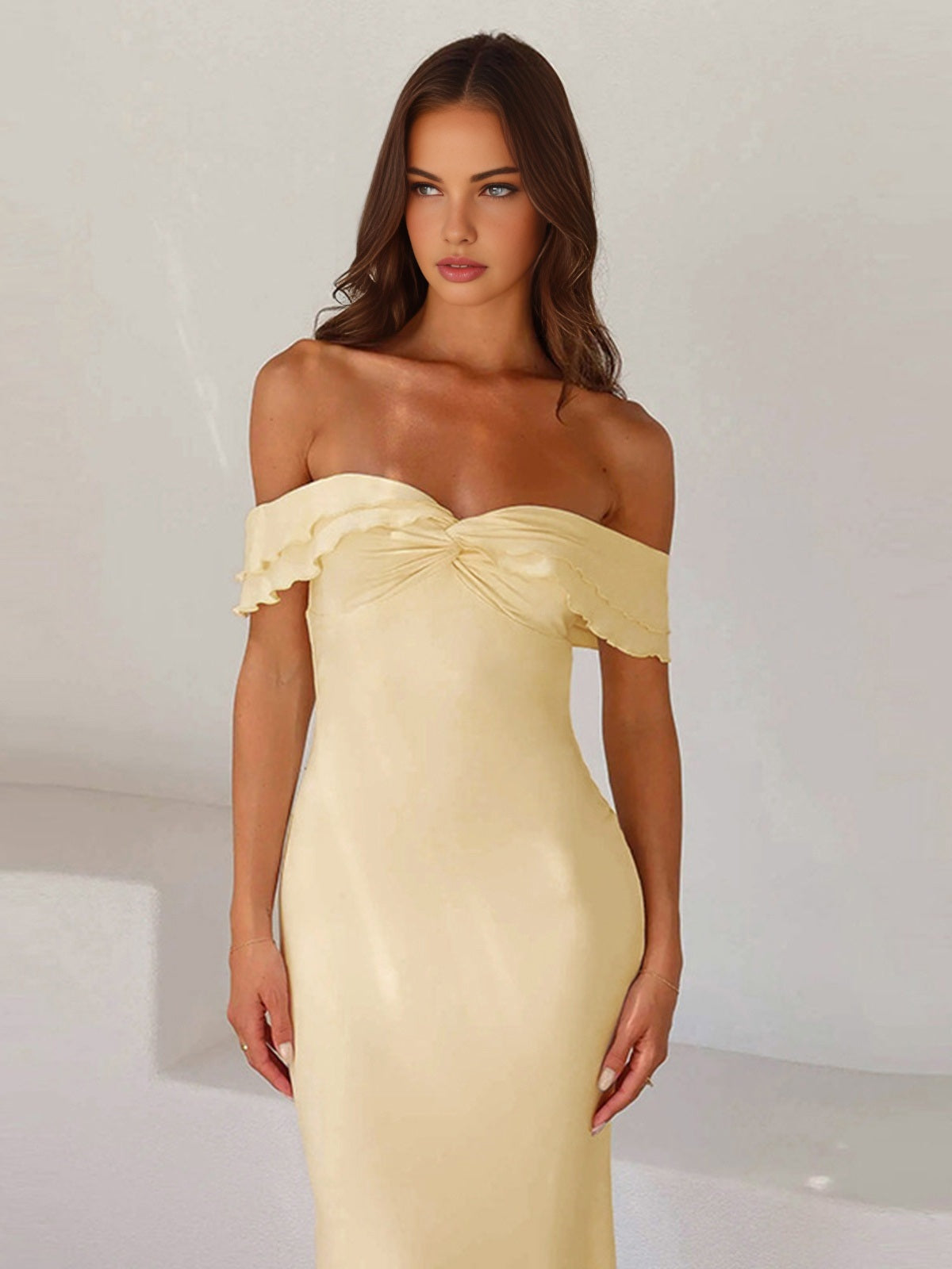 Elara's Golden Trim Maxi Dress
