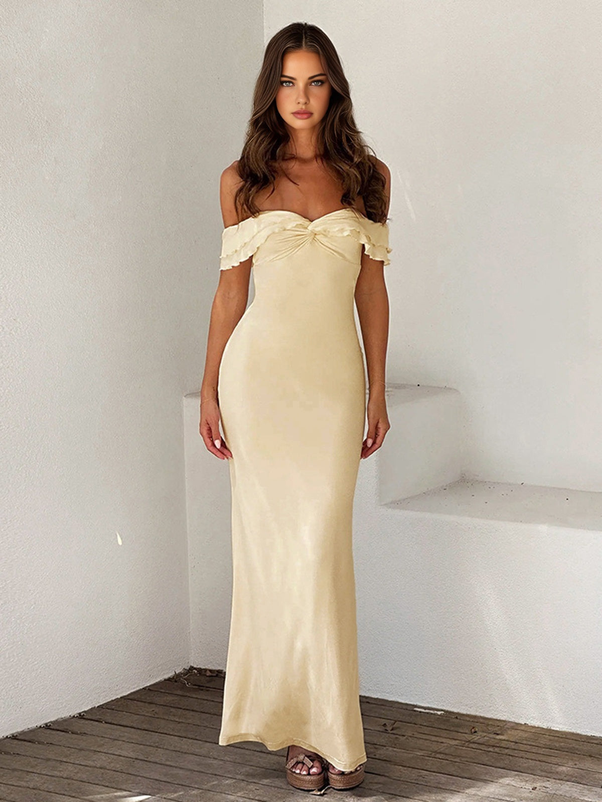 Elara's Golden Trim Maxi Dress