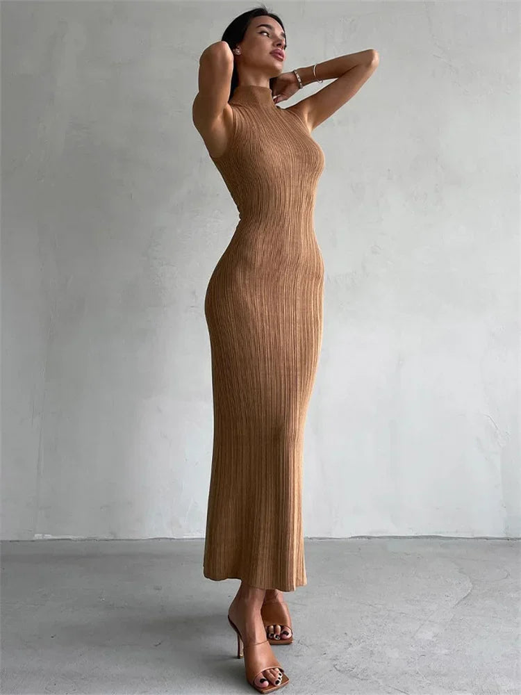 Elara's Sculpted Rib Maxi Dress