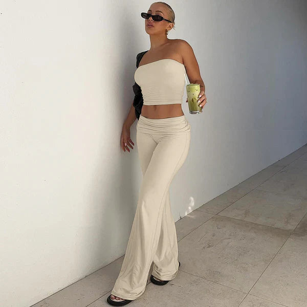 Elara's Sleek Tube Top & Flared Pants Set
