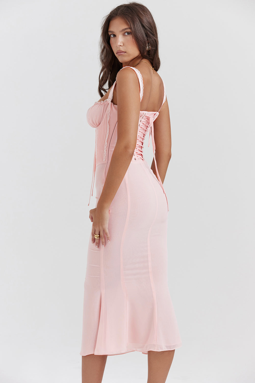 Elara's Soft Peach Midi Dress
