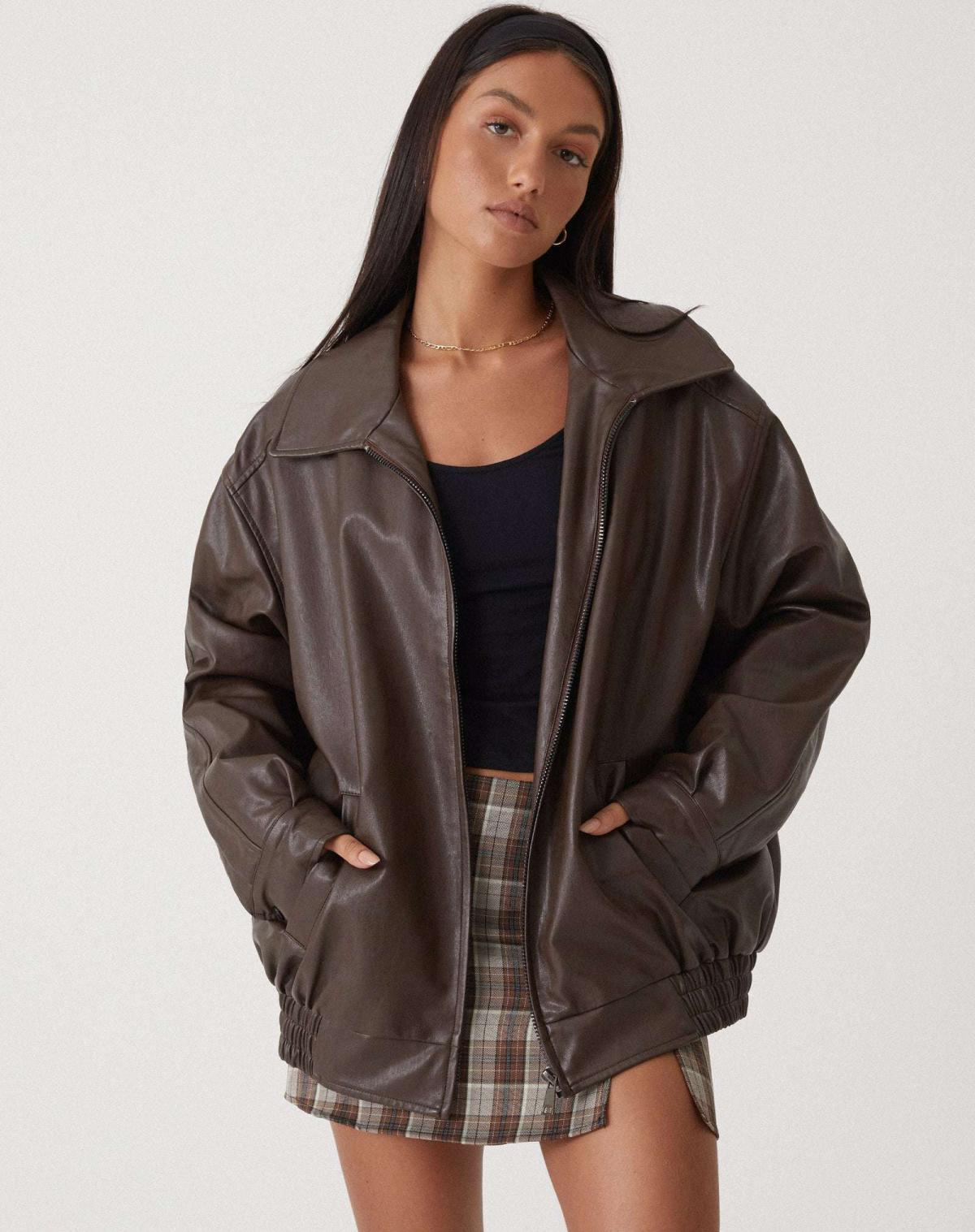 Elara's Oversized Leather Jacket